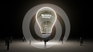 Typo 'Marketing Strategy' in light bulb and surrounded businessmen, engineers, idea concept version (included