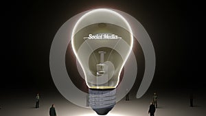 Typo 'Social media' in light bulb and surrounded businessmen, engineers, idea concept version (included alpha)