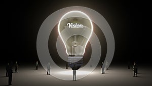 Typo 'Vision' in light bulb and surrounded businessmen, engineers, idea concept version (included alpha)