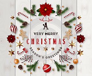 Typographic composition of christmas Postcard with vintage label and Christmas wishes decorated with Festive Elements.