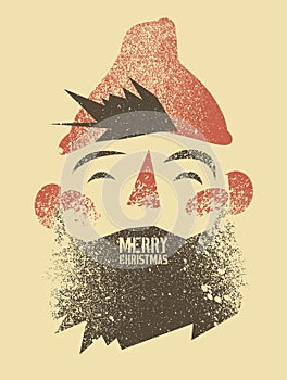 Typographic grunge vintage Christmas card design with cartoon bearded man. Retro vector illustration.