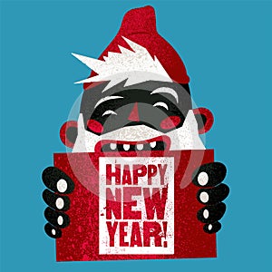 Typographic grunge vintage Christmas card design. Cartoon laughing bearded man holds a sign with an inscription. Retro vector illu