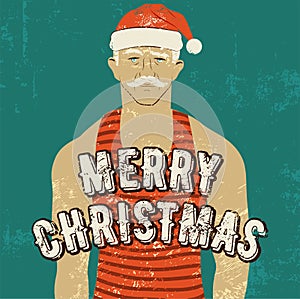 Typographic grunge vintage Christmas card design with Santa Sportsman. Retro vector illustration.