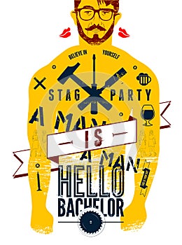 Typographic poster for stag party Hello Bachelor! with tattooed body of a man. Vector illustration. photo