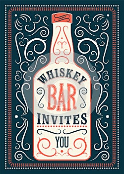 Typographic retro design Whiskey Bar poster. Vintage label with stylized whiskey bottle. Vector illustration.