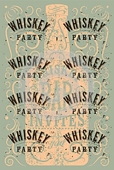 Typographic retro grunge design Whiskey Party poster. Vintage label with stylized whiskey bottle. Vector illustration.