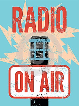 Typographic retro grunge radio station poster. Microphone On air. Vector illustration.