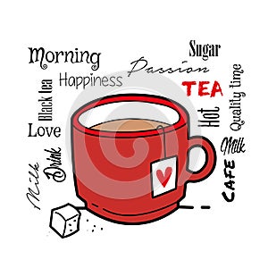 Typographic tea drink with tea bag cafe design