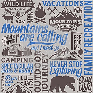 Typographic vector mountain and outdoor adventures seamless pattern or background photo