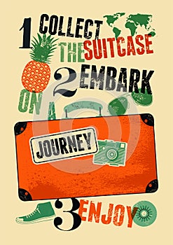 Typographical retro grunge travel poster. Vintage design old suitcase with labels. Vector illustration.