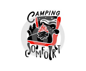 Typography, armchair, bonfire, forest and starry sky, logo design. Camping, comfort, rest, relaxation, repose and recreation, vect