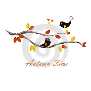 Typography banner Autumn time, black birds on branch with orange and yellow leaves, hearts