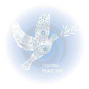 Typography banner International Peace Day, white dove of peace on blue, ornaments, hand drawn