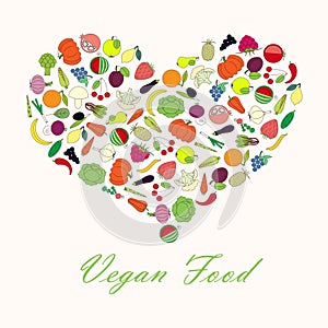 Typography banner Vegan Food. Shape heart from line colorful fruit and vegetables