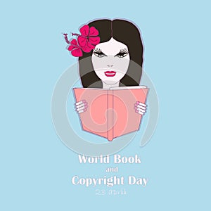 Typography banner World Book and Copyright Day, 23 april. Girl with book on blue