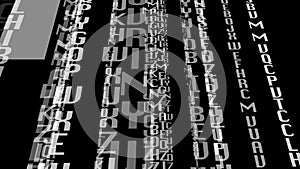 Letters in chaotic typography pattern on black background abstract communication of random characters encrypted in visual code