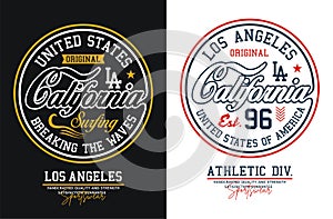 Typography design LA California, varsity, for apparels and t-shirt print graphics, Emblem, vectors photo