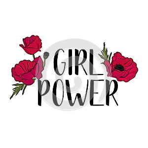 Typography feminist slogan with cute red flowers vector for t shirt printing and embroidery, Graphic tee with Girl Power