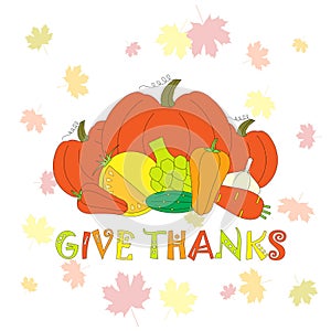 Typography flat design banner Give thanks for Thanksgiving day with vegetables