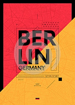 Typography graphics color poster with a map of Berlin, Vector travel illustration