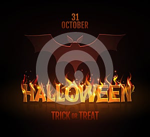 Typography Halloween  party poster with burning letters and bat silhouette. Halloween background