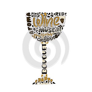 Typography handdrawn illustration with wine bocal silhouette and lettering. Vector graphic label with phrase on glass photo