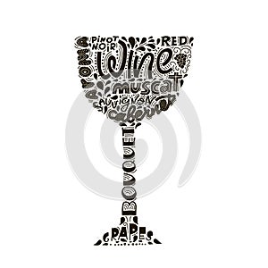 Typography handdrawn illustration with wine bocal silhouette and lettering. Vector graphic label with phrase on glass photo