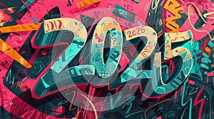 Typography Happy New Year 2025 illustration in style of vibrant urban graffiti, colorful and bright numbers