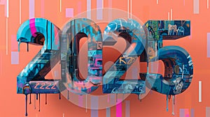 Typography Happy New Year 2025 in style of 3d vibrant urban graffiti, colorful and bright numbers