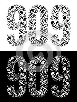 Typography illustration of 909 made from repeating numbers in black and white