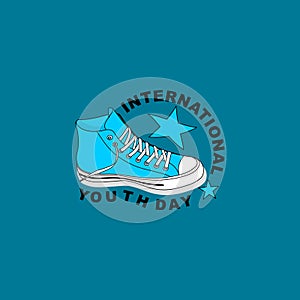 Typography of International youth day with blue classic canvas shoes