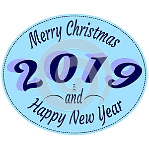 Typography labels in retro style with text - Happy 2019 New Year and Merry Christmas - in blue colors.