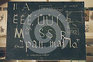 Typography lesson with blackboard with handwritten chalk letters