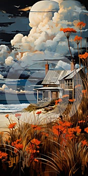Typography Oil Painting Giclee Print: Coastal House With Thatched Roof