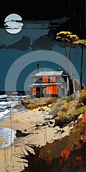 Typography Oil Painting Giclee Print: Coastal House With Thatched Roof