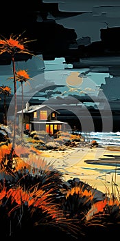 Typography Oil Painting Giclee Print: Coastal House With Thatched Roof