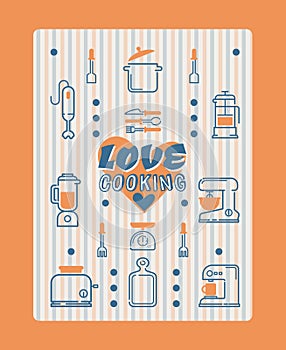 Typography poster with line icons kitchen supplies, vector illustration. Kitchenware appliance store catalog, household