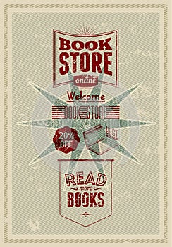 Typography retro bookstore poster design. Vector illustration.