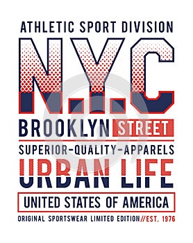 Typography slogan, NYC Brooklyn street, varsity, for apparels and t-shirt print graphics, Emblem, vectors