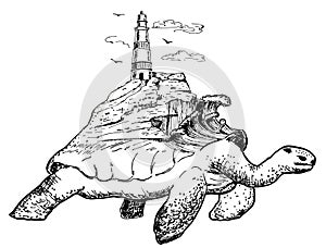 Typography with turtle illustration. Turtle in tattoo style. Travel to the sea concept. Sea and lighthouse. Isolated