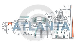 Typography word Atlanta branding technology concept. Collection of flat vector web icons. American culture travel set,