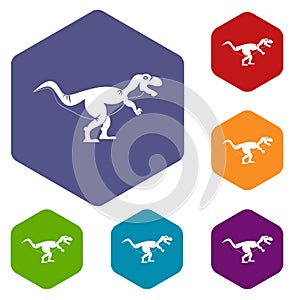 Tyrannosaur dinosaur icons set hexagon
