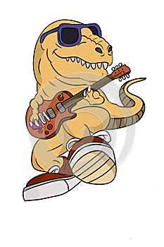 Tyrannosaur playing electric guitar. Rock`n` roll attitude