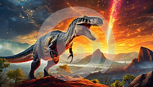 Tyrannosaurs Rex in pre-historic landscape, meteor in the background