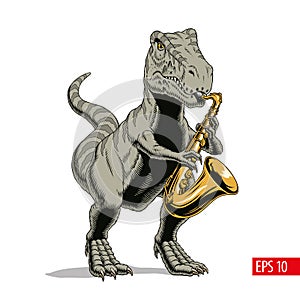 Tyrannosaurus dinosaur monster playing saxophone. Comic style vector illustration.