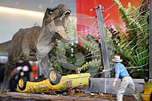 Tyrannosaurus dinosaur statue model, T-Rex attack the Jeep, Scene from Jurassic park movie