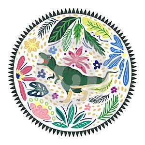 Tyrannosaurus green, prehistoric dinosaurs collection. Ancient animals. Hand drawn. In a frame of flowers and leaves.