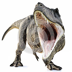 A Tyrannosaurus Rex attack on an isolated white background .