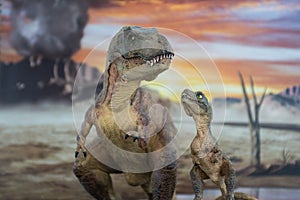 Tyrannosaurus rex with baby t-rex with cretaceous land in the background