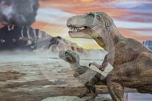 Tyrannosaurus rex with baby t-rex with cretaceous land in the background